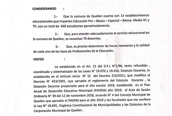 RESOLUCION N°:18 DOTACION DOCENTE EN ESTABLECIMIENTOS EDUCACIONALES DE LA COMUNA DE QUEILEN PARA AÑO 2019