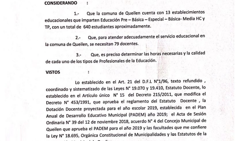 RESOLUCION N°:18 DOTACION DOCENTE EN ESTABLECIMIENTOS EDUCACIONALES DE LA COMUNA DE QUEILEN PARA AÑO 2019